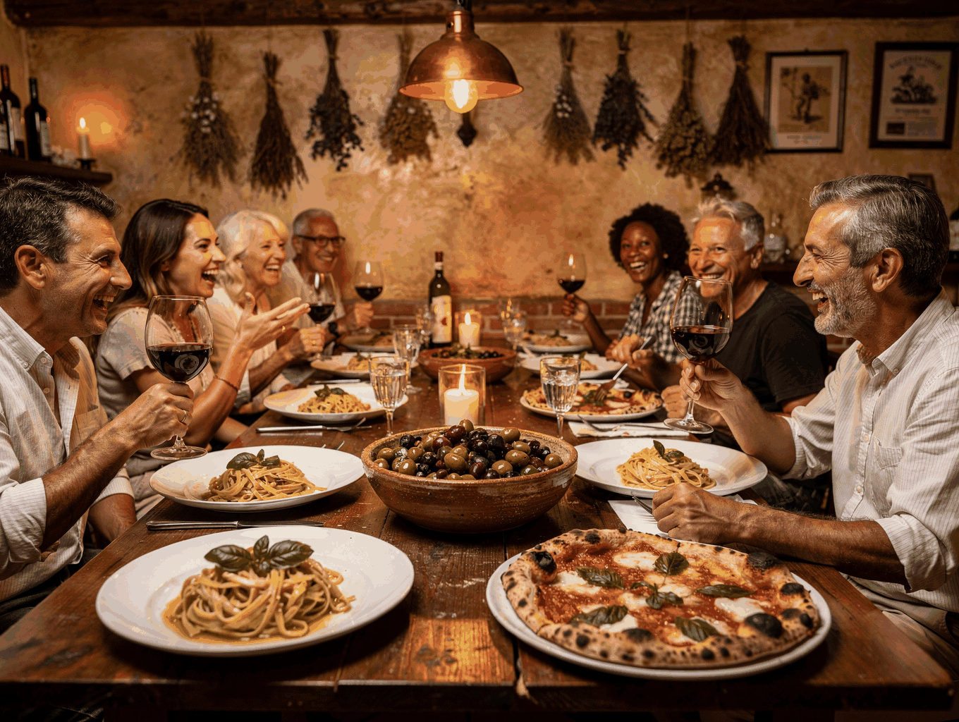 Guests enjoying a shared meal at a large rustic wooden table