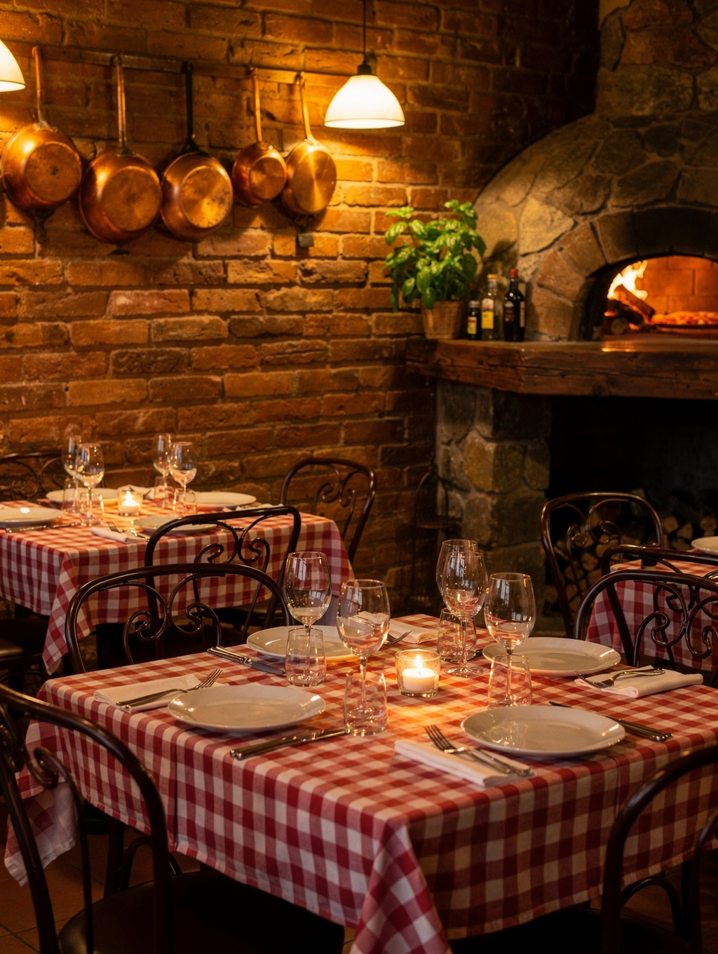 Cozy Italian dining room with warm amber lighting and brick walls