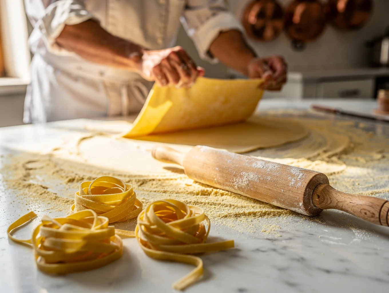 Chef dusting fresh handmade tagliatelle pasta with flour in the kitchen