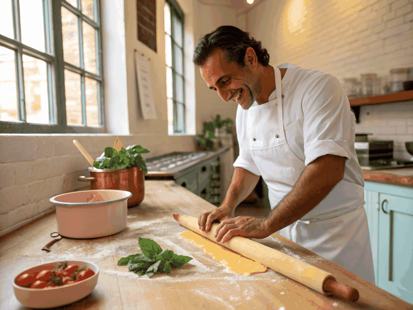 Chef hand-rolling fresh pasta dough in an open kitchen