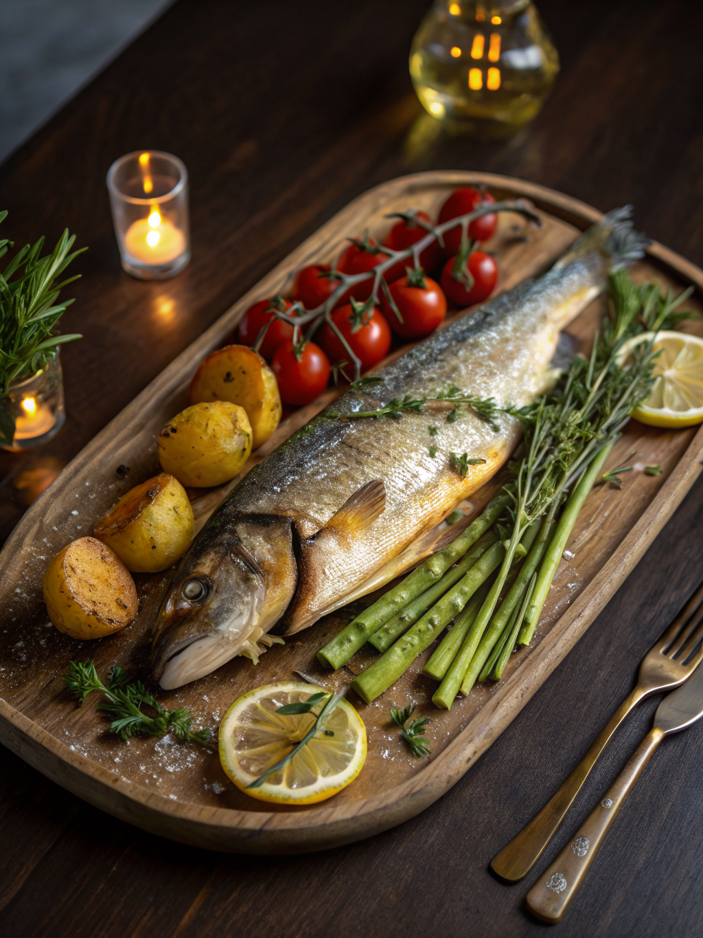 Perfectly roasted branzino fillet with charred lemon and fresh herbs