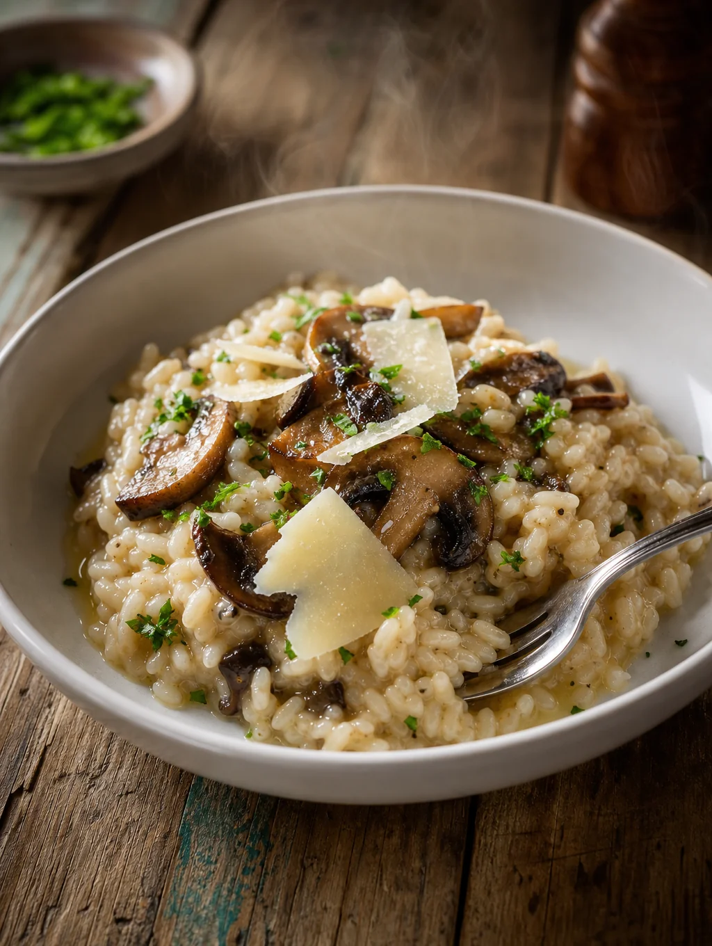Beautifully plated mushroom risotto with fresh herbs and parmesan