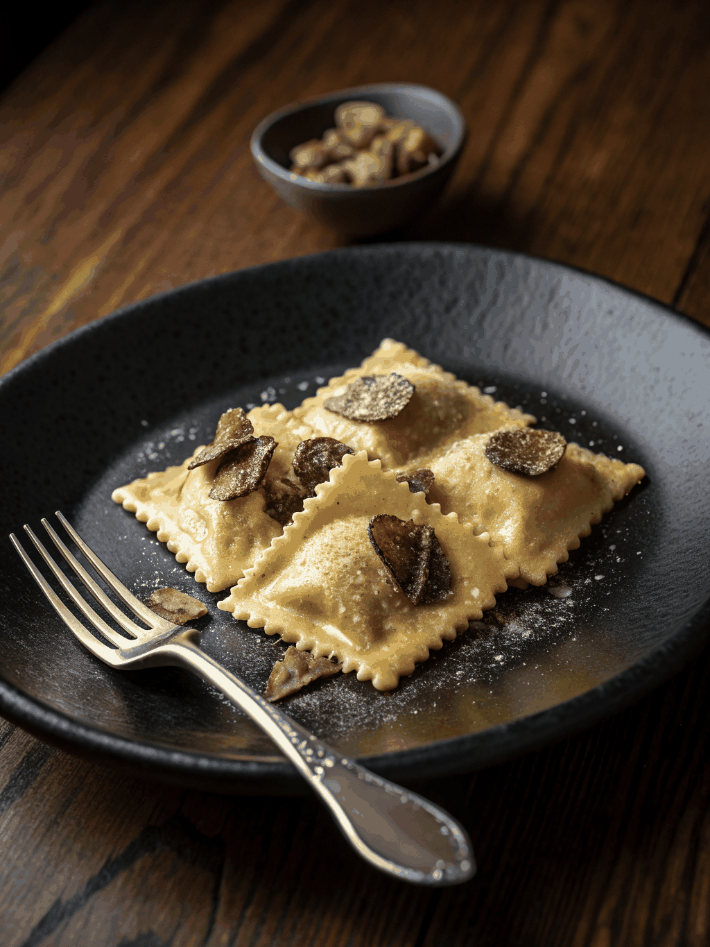 Delicate ravioli filled with truffle cream and drizzled with butter