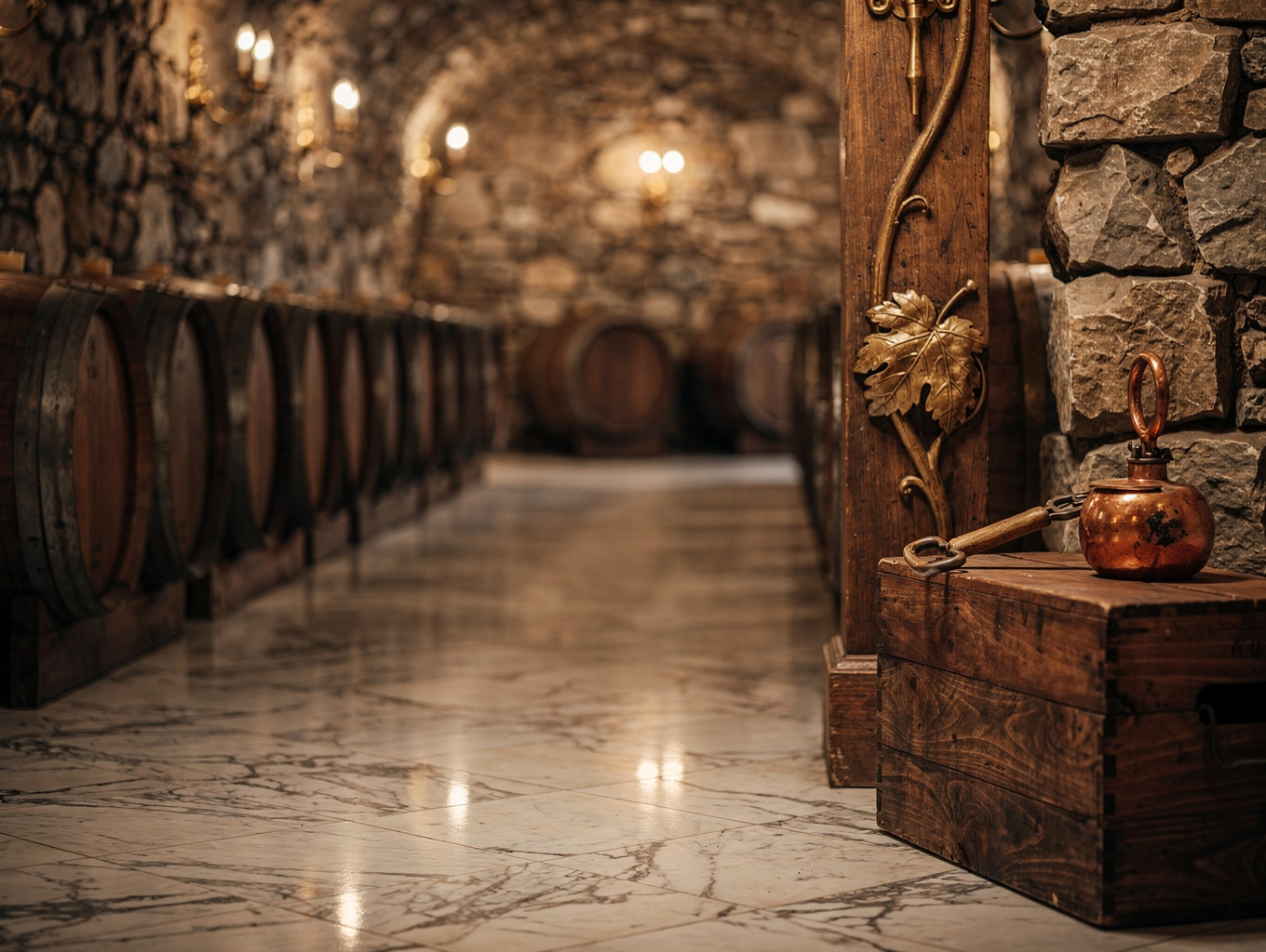 Elegant wine cellar corner with rows of vintage bottles and oak barrels