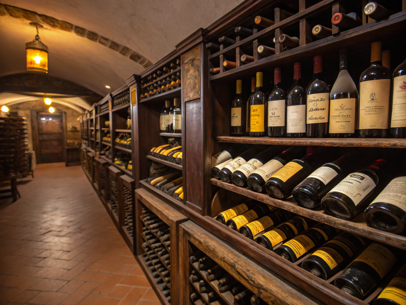 Rows of fine Italian wine bottles in a dark cellar setting
